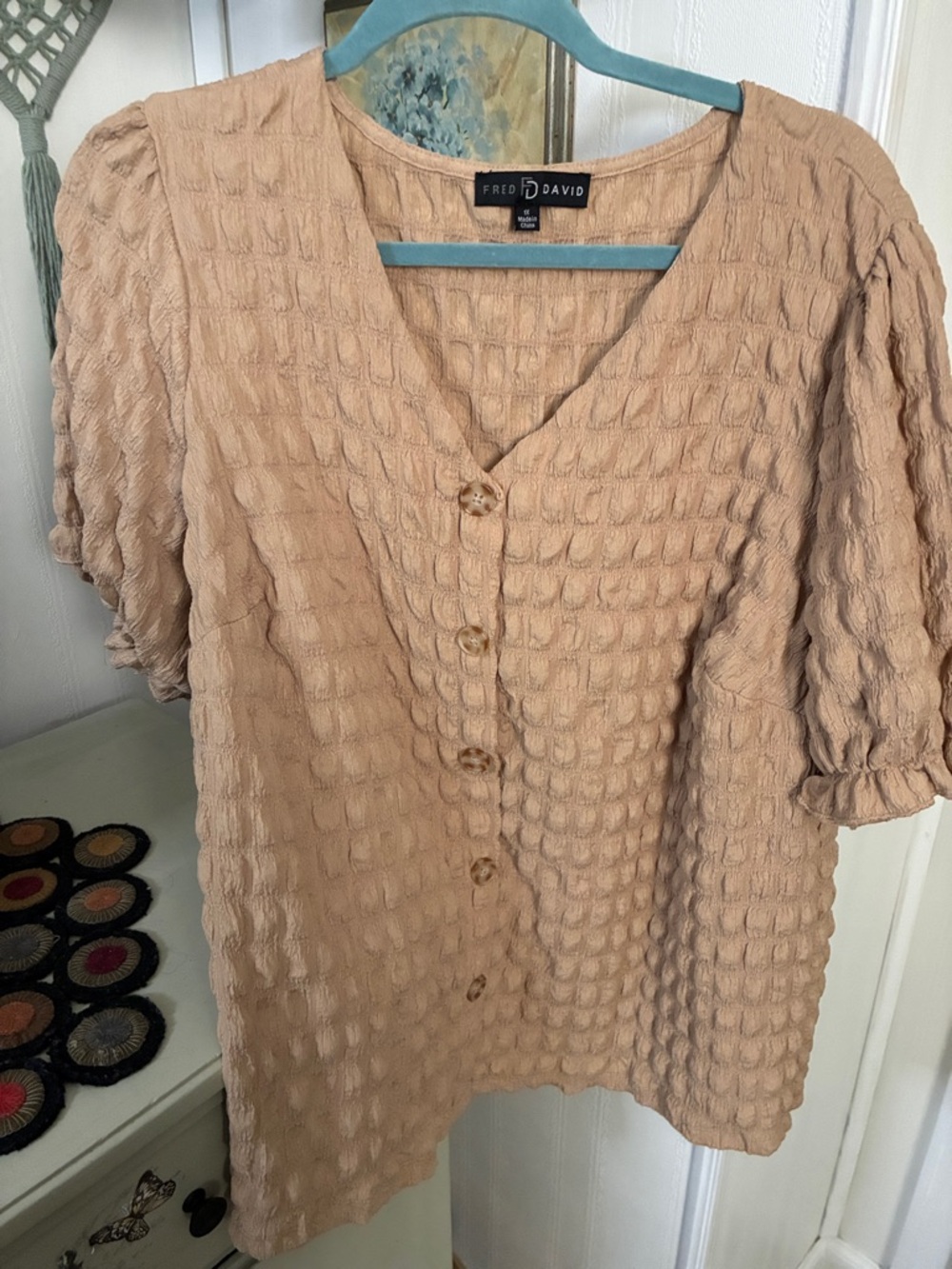Fred David Waffle-Texture Button Front Top in Tan